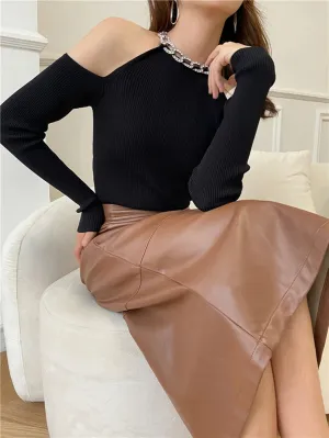 Y2K Spring Sexy Hollow Off-Shoulder Knitted Top Long Sleeve Solid Ladies Korean Clothes Sweater Pullovers Jumper C-101