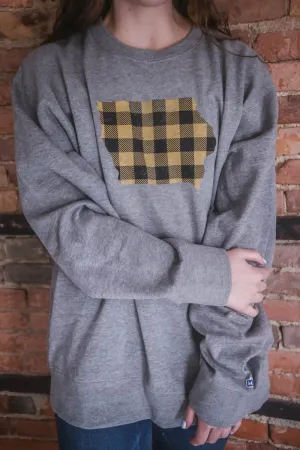 Yellow Iowa Buffalo Plaid Sweatshirt- Light Grey S-3X